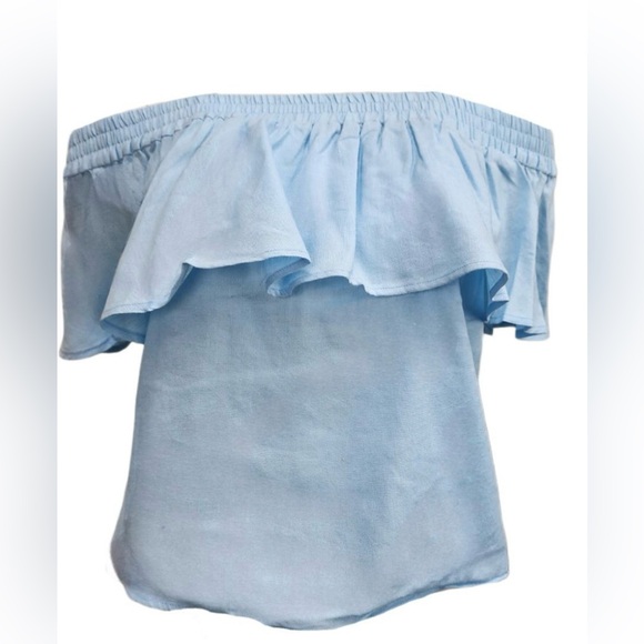 HOODLAMB by Hemp Tailor Women’s Off Shoulder ~Ruffle Top~ Baby Blue /Medium - Picture 1 of 4